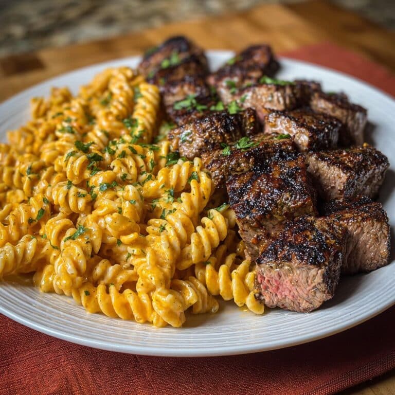 Spicy Garlic Butter Steak with Cheddar Cream Rotini