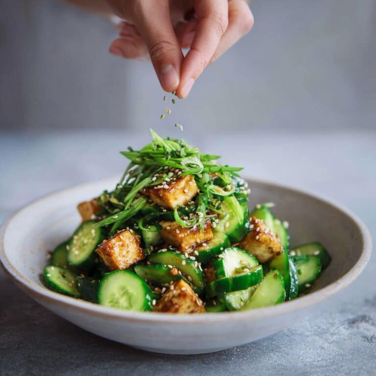 Easy Creamy Asian Cucumber Salad with Crispy Tofu