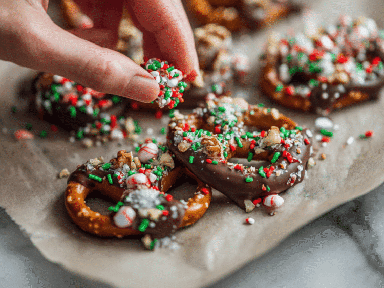 Christmas chocolate dipped pretzels - therecipesnook.com