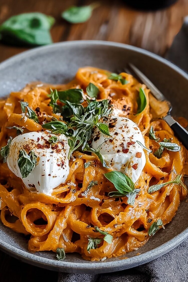 Creamy Red Pepper Pasta with Burrata & Herbs - therecipesnook.com