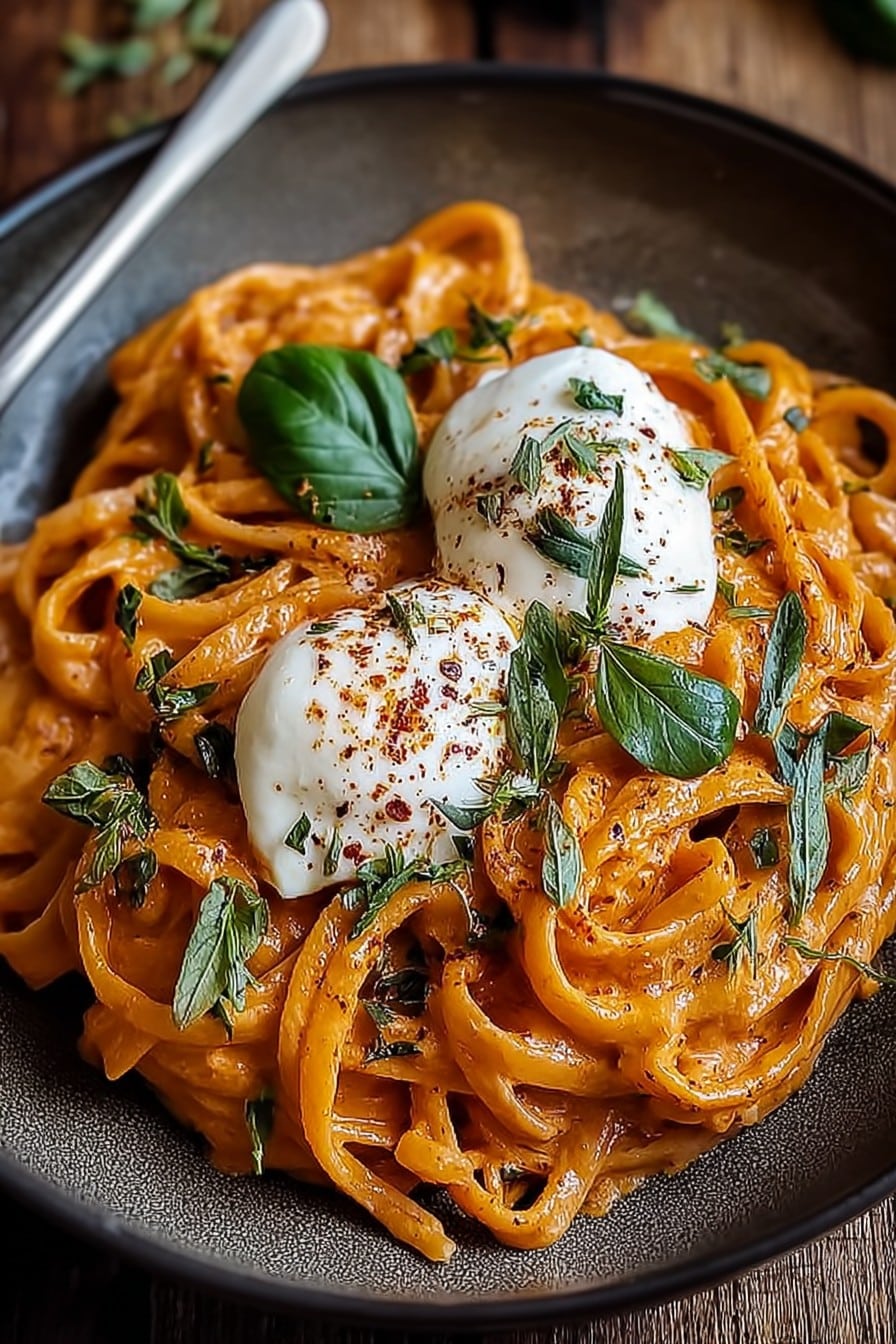Creamy Red Pepper Pasta with Burrata & Herbs