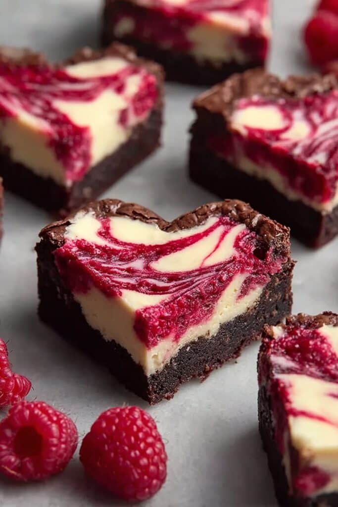 Heart Shaped Brownies with Raspberry Swirl & Cheesecake