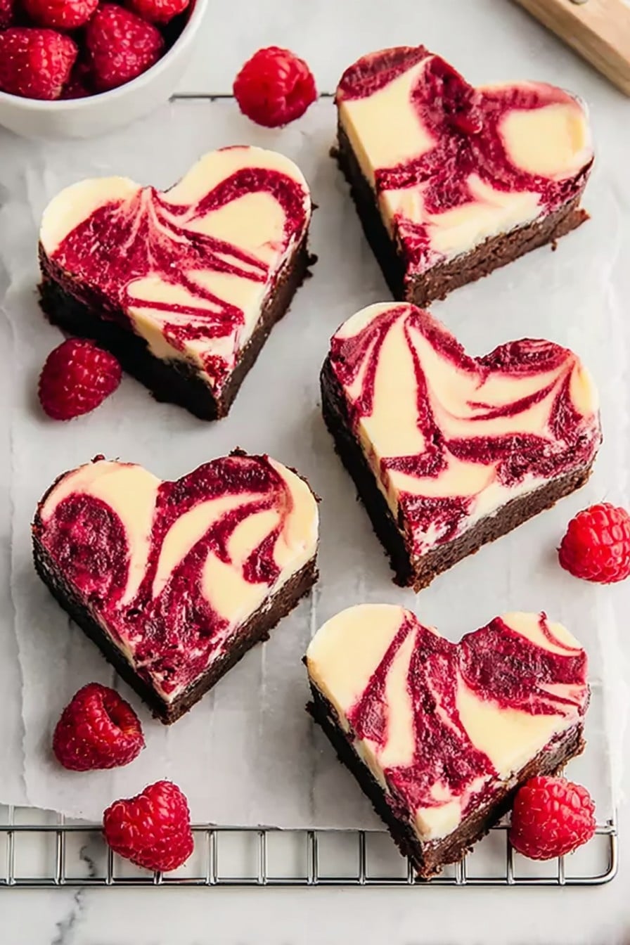 Heart Shaped Brownies with Raspberry Swirl & Cheesecake